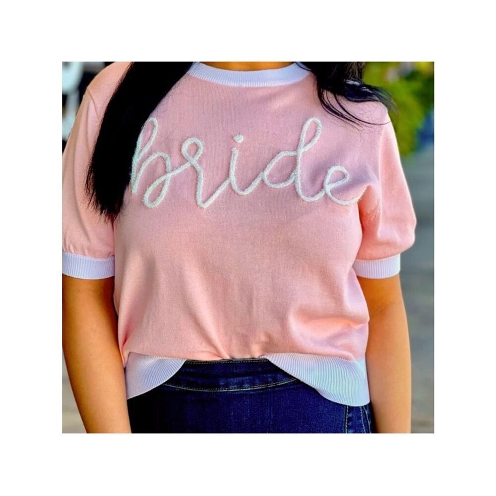 Queen of Sparkles Bride Glitter Script Short Sleeve Sweater in pink